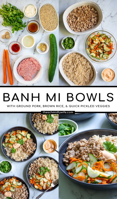 Healthy Banh Mi Bowl, Banh Mi Rice Bowl, Ground Pork Bahn Mi, Banh Mi Bowl Pork, Bahn Mi Ground Pork, Bon Mi Bowl, Ground Pork Rice Recipes, Turkey Bahn Mi Bowl, Beef Banh Mi Bowl