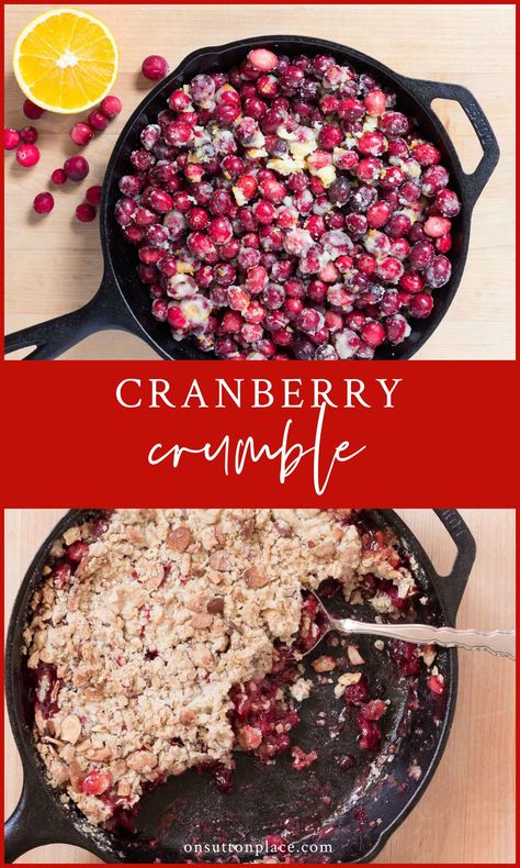 Cast Iron Skillet Cranberry Crumble Recipe | Easy and festive dessert idea for holiday gatherings. Uses fresh cranberries. #cranberries #cranberrydessert #christmasdessert Pie, Frozen Cranberry Recipes, Crumble Recipe Easy, Cranberry Crumble Recipe, Cranberry Recipes Dessert, Cranberry Crumble, Fresh Cranberry Recipes, Cranberry Cobbler, Skillet Desserts