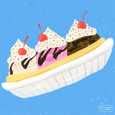 Another dessert illustration for all you sweet tooth! Banana split this toime 🍌🍒🍦🤤 #icons #digitalart #customicons #branding #vector #graphics #canva #smallbusiness #businessicons #socialmediaicons #themedicons #illustration #heylemondesigns #procreate #bananasplit #sundae #dessertgraphic #dessert #sweets #icecream #food #foodgraphic Banana Split Ice Cream, Teeth Illustration, Ice Cream Illustration, Dessert Illustration, Banana Dessert, Food Stickers, Business Icon, Ice Cream Truck, Custom Icons