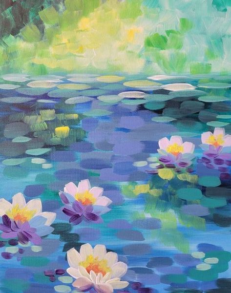 Our favorite aquatic flower! Croquis, Tempera Art Ideas, Easy Monet Paintings, Aquatic Painting Ideas, Water Lilies Painting Easy, Lilypad Painting, Pond Mural, Waterlilies Monet, Painting Therapy