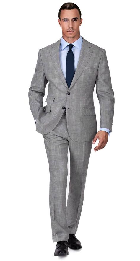 Grey Glen Check Suit Formal Grey Suits For Men, Light Grey Suit And Tie Combinations, Grey Suit Men Combination, Grey Suit And Tie, Grey Suits For Men, Check Suits, Grey Check Suit, Suit For Men Wedding, Grey Pants Men