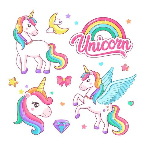 Unicorn sticker | Premium Vector #Freepik #vector #baby-unicorn #unicorn-cartoon #cute-unicorn #rainbow-unicorn Cute Rainbow Unicorn, Unicorn Images, Unicorn Drawing, Unicorn Illustration, The Last Unicorn, Unicorn Costume, Cartoon Unicorn, Unicorn Svg, Unicorn Stickers