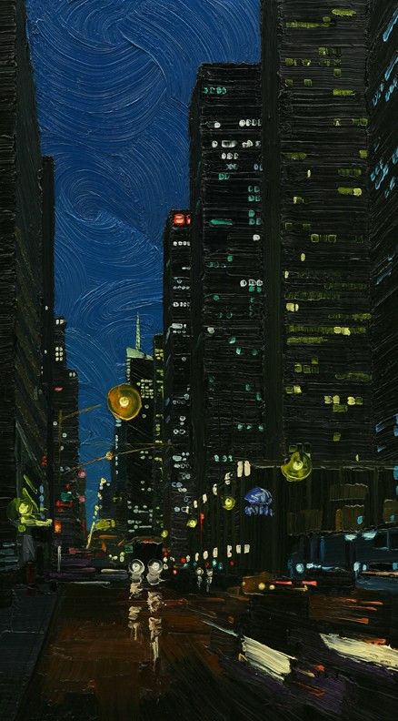 Leo Bugel Night Life Painting, Aesthetic City Painting, Painting Ideas City, Nighttime Paintings, City Night Illustration, Night Time Paintings, Night Aesthetic Art, City At Night Painting, Nighttime Painting