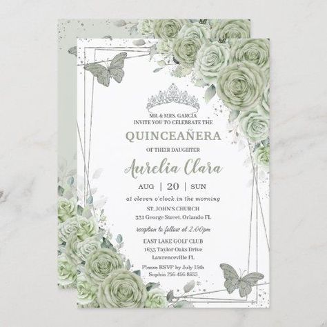 Fairy Garden Quinceanera Theme Invitations, Quinceanera Invitations Green, Sage Green Xv Invitations, Light Green Quince Invitations, Sage Quince Dresses, Enchanted Forest Theme Quinceanera Sage Green, Quince Surprise Dance Outfits Sage Green, Quinceanera Themes Sage Green, Sage Green Invitations Quince