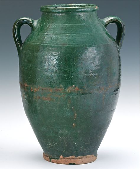 Antique Handmade Green Glaze Earthenware Pottery Vase Jar http://www.busaccagallery.com/catalog.php?catid=125=5843=1 Mediterranean Pottery, Historical Pottery Ceramics, Ancient Vases, Ancient Vessels Ceramic Pottery, Folk Pottery, Vintage Vases Antiques Pottery, Earthenware Jug, Pottery Jar, Green Pottery