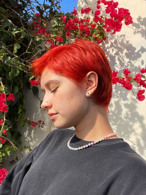 Red Orange Short Hair, Super Short Red Hair, Bright Red Pixie Haircut, Short Bright Hair, Bright Orange Red Hair, Shaved Red Hair, Sunset Orange Arctic Fox Hair, Red Buzzcut Women, Very Short Red Hair