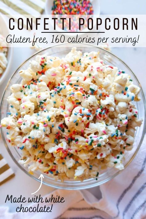 How to make confetti popcorn! This sweet and salty treat with rainbow sprinkles & white chocolate drizzle is the perfect, healthy-ish snack to serve at almost any party or gathering. I love making this recipe for New Year's Eve or to celebrate a birthday, wedding, baby or bridal shower! This fun, pretty, gourmet popcorn calls for 5 simple ingredients & takes just minutes to make! It's really simple and even gluten free (GF). Best of all, you can make cute party favors with your popcorn! Snacks With Sprinkles, Popcorn With Sprinkles, Gluten Free Birthday Party Food, New Years Snacks For Kids, Gluten Free Baby Shower Food, Gluten Free Snacks For Party, Confetti Popcorn, How To Make Confetti, Chocolate Drizzled Popcorn