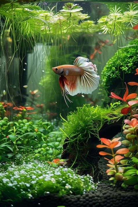 Enhance your betta's living conditions with our selection of ideal plants for a betta tank. Find out how these aquatic plants can provide necessary shelter, improve water quality, and add a pop of color to your aquarium. Dive into our blog post to start planning your tank's makeover. White Beta Fish Aesthetic, How To Aquascape, House Plants In Fish Tank, Betta Fish Tank Plants, Live Fish Tank, Betta Fish Tank Ideas Aesthetic, Betta Sorority Tanks, Betta Tank Ideas, Planted Aquarium Aquascaping