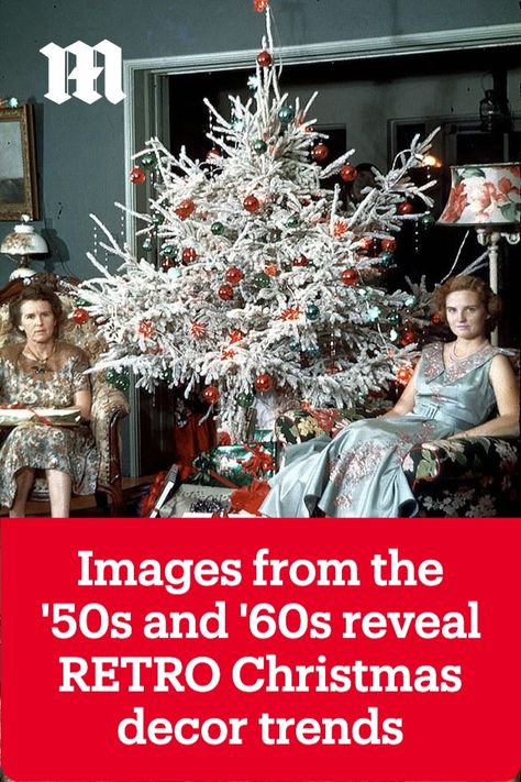 One throwback picture showed two women in front of their white Christmas tree in attire that shows they were ready to celebrate the festive holiday -- though their faces don't quite match the sentiment! Vintage Holiday Decor 1950s Christmas, 1950 Christmas Party, 1950 Christmas Decorations, Retro Holiday Aesthetic, Retro Christmas Decorations 1950s, 50s Christmas Aesthetic, Retro Christmas Aesthetic, Mcm Christmas Decor, 1960 Christmas