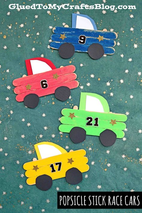 Super FAST Popsicle Stick Race Cars - Kid Craft Tutorial Race Car Arts And Crafts, Car Popsicle Stick Crafts, Art And Craft Transportation, Car Craft Ideas, Cute Popsicle Stick Crafts, Race Car Crafts For Kids, Race Car Crafts Preschool, Car Projects For Kids, Racing Crafts For Kids