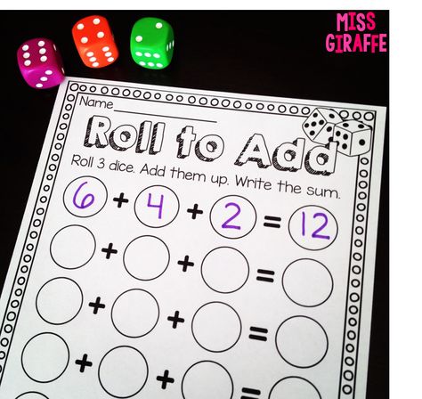 Adding 3 Numbers rolling dice math station game that is super cute and fun - can be played over and over Teach Activities, Adding 3 Numbers, Primary Maths Activities, Number Facts, 1st Grade Math Games, Numbers Activities, Missing Addends, Missing Addend, Math Station