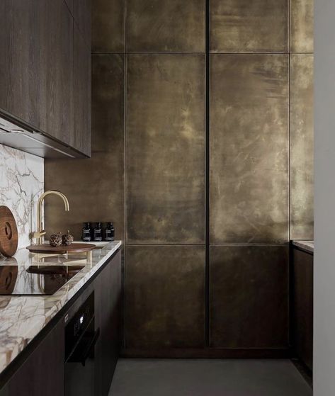 Metal Kitchen Cabinets, Stainless Steel Kitchen Cabinets, Steel Kitchen Cabinets, Unique Kitchen Design, Concrete Effect Paint, Latest Kitchen Designs, Stainless Steel Cabinets, Brass Kitchen, Kitchen Design Trends