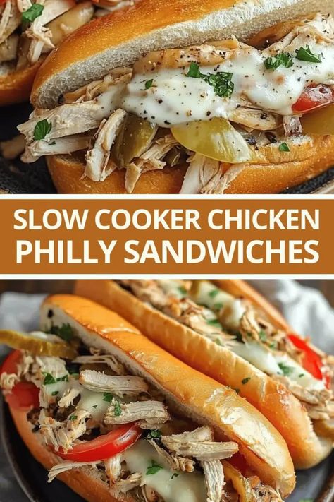 Hello, fellow food enthusiasts! Today, I’m excited to share a recipe that takes the classic Philly cheesesteak and gives it a delightful twist: Slow Cooker Chicken Philly Sandwiches. Philly Cheese Chicken Crock Pot, Crockpot Philly Cheese Chicken, Crockpot Chicken Philly Sandwiches, Slow Cooker Philly Cheese Steak Sandwich, Best Chicken Philly Cheesesteak Recipe, Chicken Philly Crockpot, Slow Cooker Chicken Cheesesteak, Slow Cooker Chicken For Sandwiches, Crockpot Philly Cheesesteak Sandwiches