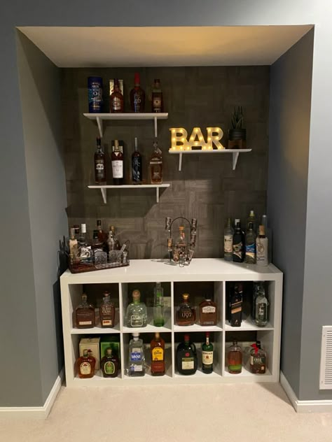 Mini Bar In Bedroom Ideas, Cantina Bar Ideas House, Bar Nook Ideas Living Room, Small Bar Diy Ideas, Mini At Home Bar, Cube Storage Snack Bar, Mini Bar In Basement Ideas, In Home Mini Bar, I’m Home Bar Ideas