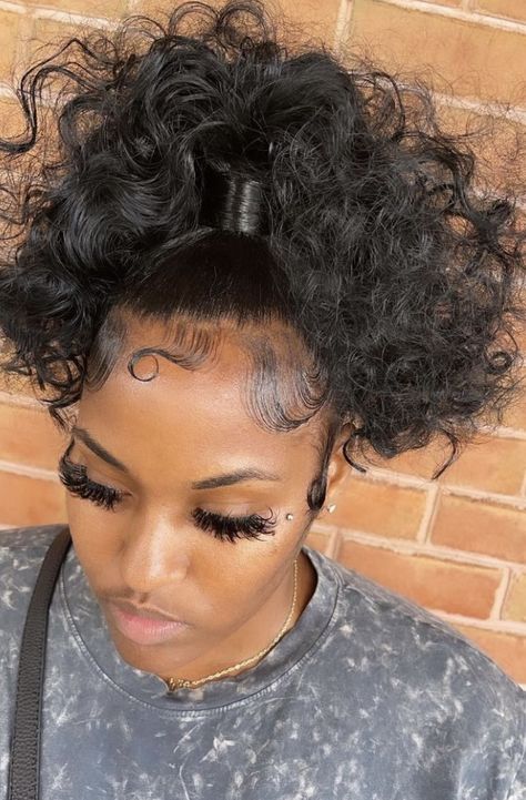 Curly Weave Bun Hairstyles, High Top Ponytail Weave, Baddie High Ponytail, Curly Updo Ponytail Black Women, Cute Ponytails Black Women, Pom Pom Ponytail Black Women Weave, Organique Water Curl Ponytail, Curly Pontail Hairstyles For Black Women, Barbie Ponytail Curly Hair