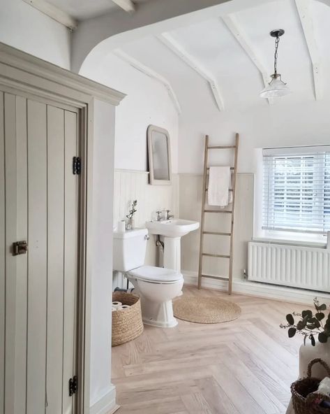 BATHROOM 🌿 We have given our bathroom a little face lift over Christmas! It was such a cold space before because of its size and all of the tiles. We laid the floor and glued the tongue & groove panelling onto the existing tiles which saved a lot of mess and time. The t&g and storage cupboards are painted in Shadow White F&B mixed by valsparpaint 🤍 #bathroominterior #neutralinteriors #bathroomtransformation #timelessinteriors #relaxedcountry #cottageinteriors Tongue Groove Bathroom, Tongue And Groove Bathroom Walls, Bathroom Tongue And Groove Panelling, Paint Ideas For Bathroom, Vj Panelling Bathroom, Mansion Cottage, Tongue And Groove Bathroom, Panelling Bathroom, Bathroom Panelling