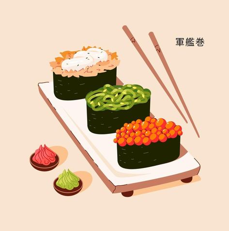 Gunkan-maki sushi. Traditional Japanese cuisine. Asian food. Vector illustration Asian Food Illustration, Gunkan Sushi, Sushi Clipart, Sushi Illustration, Maki Sushi, Macro Photography Flowers, Food Vector, Food Ad, Vector Food