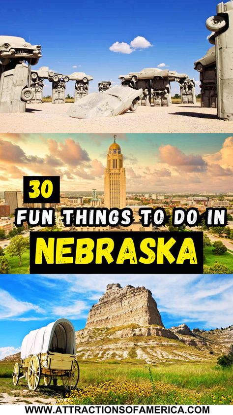 Image of Carhenge and other attractions with text overlay reading 30 fun things to do in Nebraska. Lake Mcconaughy, Things To Do In Nebraska, Nebraska Travel, Usa Vacations, 50 States Travel, Roadtrip Ideas, West Road Trip, Cheap Places To Travel, Usa Roadtrip