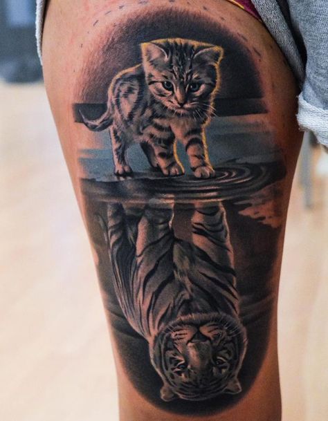 Martin Sjöberg cat with tiger reflection tattoo Reflection Tattoo, Tiger Tattoo Sleeve, Best Leg Tattoos, Tier Tattoo, Lion Tattoo Sleeves, Leopard Tattoos, Country Tattoos, Lion Head Tattoos, Tiger Tattoo Design