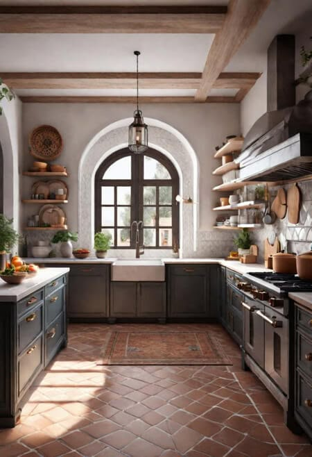 How to Use Colors in Your kitchen to Affect Your Mood. spanish mediterranean kitchen. terracotta tiles. satillo tiles. neutral kitchen inspo. updated tuscan kitchen ideas. wood beams. arch window. Update Tuscan Kitchen, Terracotta Tile Floor Kitchen, Spanish Tile Kitchen, Kitchen Ideas Wood, Kitchen Terracotta, Spanish Mediterranean Kitchen, Tuscan Kitchen Ideas, Spanish Kitchen Design, Neutral Kitchen Colors