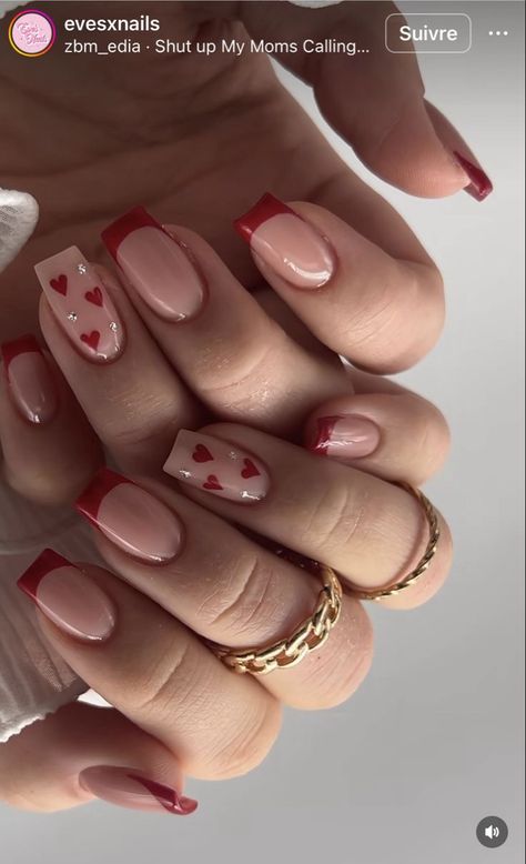 Short Red Nails, Valentines Day Nails, Valentine Nails, Short Nail Designs, Heart Nails, Pretty Acrylic Nails, Valentine's Day Nails, Valentines Nails, Square Nails