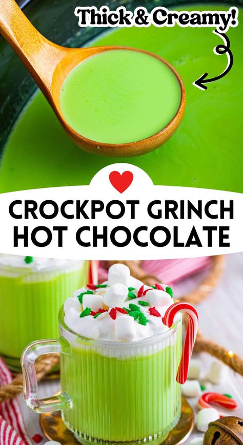 Grinch Hot Chocolate Grinch Hot Chocolate, Crock Pot Hot Chocolate Recipe, Grinch Night, Hot Chocolate Toppings, Grinch Crafts, Crockpot Hot Chocolate, Hot Cocoa Recipe, Grinch Party, Hot Chocolate Recipe