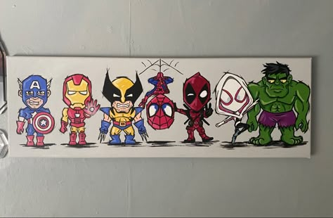 Dc Canvas Painting, Avengers Painting Ideas, Superhero Canvas Painting, Superhero Painting, Avengers Painting, Painting Kids Room, Marvel Canvas, Batman Painting, Marvel Paintings