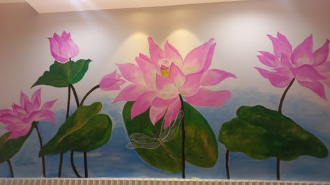 Lotus wall painting ideas Painting On Wall Ideas, Lotus Wall Painting, Wall Painting Indian, Flowers Wall Painting, Kerala Mural Painting Lotus, Indian Lotus Painting, Lotus Wall Art Painting, Lotus Wall Mural Painting, Flute Wall