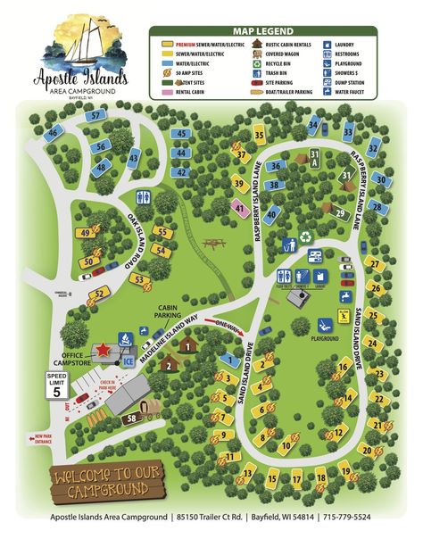 Campground Map | Apostle Islands Area Campground and RV Park Campground Map Design, Camping Area Design Plan, Campground Design Ideas, Camping Area Design, Camp Grounds Ideas, Business Park Design, Suburbia Overture, Rv Park Design Plans, Campground Ideas Campsite