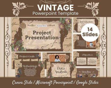 A modern take on the classic vintage style, this presentation template is perfect for businesses of all sizes. With its clean lines and minimal design, it's sure to make a lasting impression on your audience. Download now and get started on your next Ppt Theme Ideas, Canva Vintage Design, Brown Powerpoint Template, Cool Powerpoint Ideas, Themes For Presentation, Ppt Ideas Slide Design, Google Slide Ideas, Ppt Vintage, Canva Ppt Template