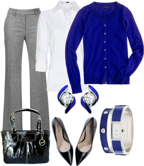 "School Days #4" by vintagesparkles78 ❤ liked on Polyvore Outfits With Blue Cardigans, Cobalt Blue Cardigan Outfit, Gray Dress Pants Outfit, Cardigan Outfit Work, Blue Cardigan Outfit, Grey Pants Outfit, Black Dress Outfit Casual, Cardigan Outfit, Black Dress Outfits