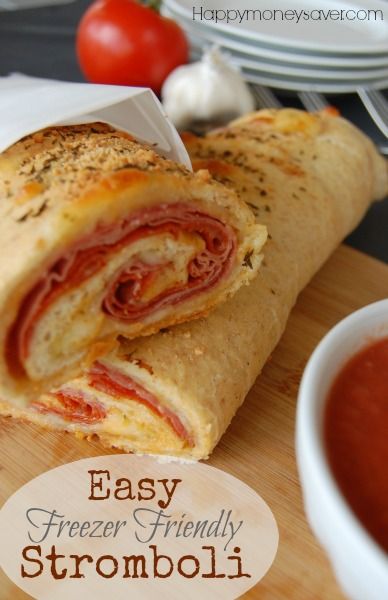 Ham and Cheese Stromboli Recipe. It makes my mouth water just thinking about it! | Happymoneysaver.com Freezing Homemade Stromboli, Make Ahead Stromboli Freezer Cooking, Make Ahead Calzones, Make Ahead Stromboli, Freezer Wraps Lunch, Freezer Sandwiches Make Ahead, Freezer Stromboli, Freezer Calzones, Freezer Wraps