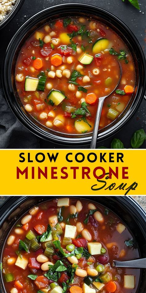 This slow-cooker minestrone soup is packed with fresh vegetables, beans, and pasta, making it a nutritious and delicious dinner idea.🍅🥕 ✅ Try it today and enjoy a healthy, comforting bowl of homemade soup! 🔗 Pin this recipe now to save it for later! #HealthyRecipes #CrockpotMeals #MinestroneSoup #SlowCookerRecipes #EasyDinnerIdeas #MealPrep #VegetarianRecipes #ComfortFood #SoupSeason #HomemadeSoup #WinterMeals #CrockpotLove Crockpot Minestrone Soup, Crockpot Minestrone, Minestrone Soup Easy, Carrots And Celery, Pasta Making, Soup Easy, Northern Beans, Great Northern Beans, Minestrone Soup