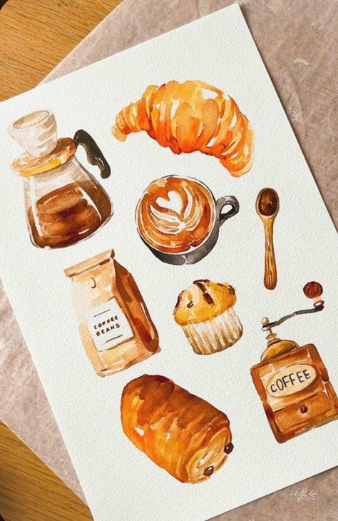 Watercolour Breakfast, Croissant Watercolor, Croissant Painting, Pastry Painting, Coffee Watercolor Painting, Cafe Watercolor, Matcha Drinks, Baked Pastries, Coffee Watercolor