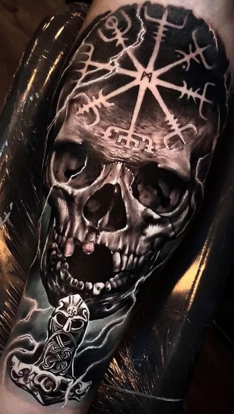 Evil Viking Tattoo, Nordic Skull Tattoo, Viking Hand Tattoos For Guys, Viking Skull Tattoo Design, Germanic Tattoos, Viking Skull Tattoo, Nordic Tattoo Ideas, Viking Skull Art, Ragnar Lothbrok Tattoo