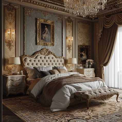 Creating Opulent Spaces with Modern Baroque Interior Inspirations • 333+ Images • [ArtFacade] Baroque Bedroom Furniture, Old Money Modern Bedroom, Baroque House Interiors, Ornate Interior Design, Royal Room Bedrooms, Royal Palace Bedroom, Baroque Architecture Interior, Royal Bedroom Ideas, Modern Baroque Interior