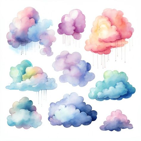 Photo colorful watercolor clouds clipart | Premium Photo #Freepik #photo Cloud Watercolor Paintings, Cloud Art Aesthetic, Coloring Clouds, Colorful Clouds Painting, Cloud Graphic Design, Watercolour Clouds, Cloud Watercolor, Clouds Watercolor, Cloud Clipart