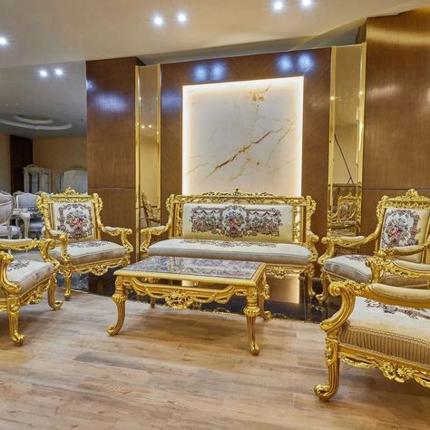 #BackinStock #Last_Piece #FreeDelivery "TREASURE" LIVING ROOM SET A Brand New Iiving room set- Classic Louis Style. Includes sofa, 4 armchairs and coffee table with marble. Solid wood. Hand made. High quality fabric upholstery. Geunine golden leaf finish. Introducing the exquisite "TREASURE" Living Room Set, a true embodiment of opulence and elegance. This captivating furniture ensemble will transform your living space into a haven of luxurious comfort and timeless beauty. The centerpiec... Golden Sofa, Golden Sofas, Gold Couch, Table With Marble, High End Furniture, Golden Leaf, Living Room Set, Fabric Upholstery, Room Set