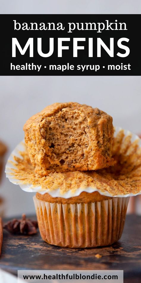 fluffy and moist banana pumpkin muffins Pumpkin Muffin Healthy, Banana Pumpkin Oat Muffins, Healthy Fall Breakfast Muffins, Pumpkin Spice Banana Muffins, Pumpkin Banana Zucchini Muffins, Health Breakfast Muffins, Healthy Mini Pumpkin Muffins, Pumpkin Banana Greek Yogurt Muffins, Pumpkin Muffins No Oil