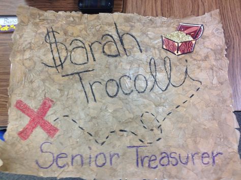 Running for class treasurer?? Here's a campaign poster idea! Rip up brown paper or brown paper lunch sacks and glue the prices to a board. Coat in glue then use crayon or paint to write your name and your slogan! It makes it look like a treasure map and everyone was really impressed! Asb Treasurer Poster Ideas, Campaign Posters For Treasurer, Sga Treasurer Poster Ideas, Poster For Treasurer, Elementary School Treasurer Poster, Running For Treasurer Posters, Treasure Poster Ideas, Posters For Treasurer, Student Treasurer Poster Ideas