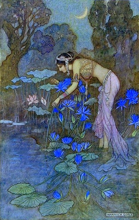 Warwick Goble -I love this, I even tried to make a copy of it to understand the style better Indian Lotus Art, Desi Collage, Warwick Goble, Edmund Dulac, Illustration Kunst, 동화 삽화, Fairytale Illustration, Illustration Vintage, Fairytale Art