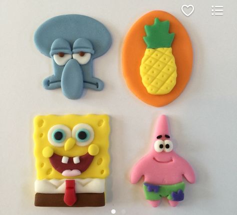 very nice i like it Fondant Spongebob, Spongebob Squarepants Cupcakes, Spongebob Cookies, Spongebob Birthday Cake, Spongebob Birthday Party, Clay Crafts For Kids, Spongebob Birthday, Clay Magnets, Fondant Animals