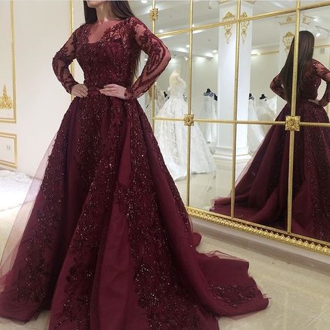 Burgundy Wedding Dress Maroon Wedding Dress, Long Sleeve Prom Dresses, Sleeve Prom Dresses, Wedding Trousseau, Reception Lehenga, Maroon Wedding, Royal Wedding Dress, Detachable Train, Long Sleeve Prom