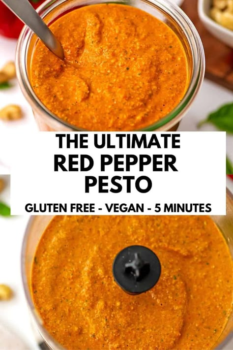 Red Pepper Pesto is so flavorful and easy to make. This roasted red pepper pesto is great for meal prep and freezes well. This recipe is vegan, gluten free, dairy free, paleo and Whole30 friendly. This pesto is a great alternative to pasta sauce if you can't have tomato. Bell Pepper Pesto Recipe, Canned Roasted Red Peppers Recipes, Vegan Roasted Red Pepper Sauce, Roasted Red Pepper Pesto Pasta, Red Pesto Pasta Recipes, Pesto Alternative, Red Pesto Recipe, Roasted Red Pepper Recipes, Pasta On Pizza