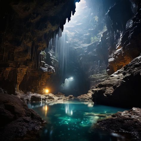 A deep, dark cavern with a flowing underground river, its waters reflecting shimmering crystals embedded in the cave walls visit us to see more: https://playground.com/profile/clq0l2d5t0meus601uf8hgc1x #natural #nature #beauty #organic #love #skincare #photography #vegan #health #beautiful #handmade #healthy #instagood #naturephotography #like #photooftheday #naturalbeauty #fitness #healthylifestyle #makeup #instagram #hair #naturalhair #wellness #selfcare #follow #photo #a #fashion #skin Underground River, Cave Photos, Dark Cave, Underground Caves, Crystal Cave, Dreamy Landscapes, Caving, Mystical World, The Cave