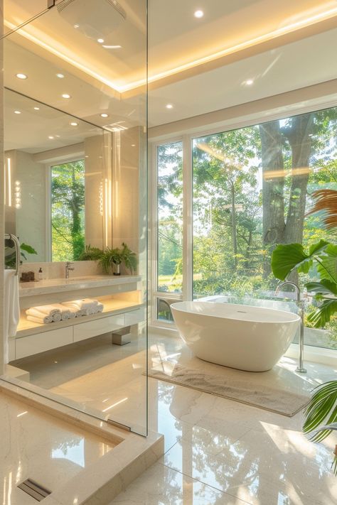 Discover Serenity: Luxurious Bathroom Oasis with Nature Views Big Baths For Two, Bathrooms With Natural Light, Bathroom With Lots Of Windows, Big Windows Bathroom, Bathroom Big Window, Bathroom With Large Window, Bathroom With Big Window, Bathtub With Window, Dream Bathrooms Luxury Modern