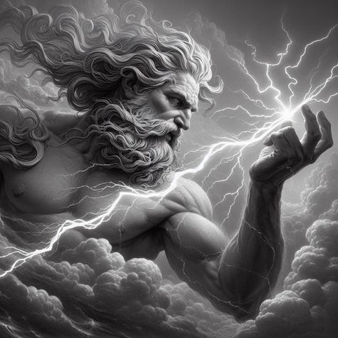 Zeus Tattoo Lightning, Olympus Tattoo Greek Gods, Jupiter Tattoo Sagittarius, Zeus Statue Tattoo, Greek Shoulder Tattoo, Mount Olympus Tattoo, Zeus Tattoo Design Ideas, Zeus Artwork, Greek Mythology Art Aesthetic