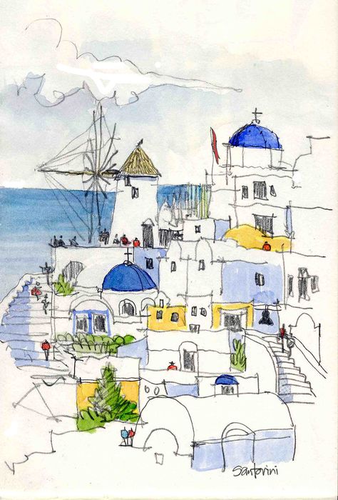 Santorini houses | Pencil and watercolor, 5.5in. x 8in. | James Richards | Flickr James Richards, Greece Art, Watercolor Architecture, Watercolor Journal, 수채화 그림, Arte Sketchbook, Watercolor Trees, Pen And Watercolor, Watercolor Sketch