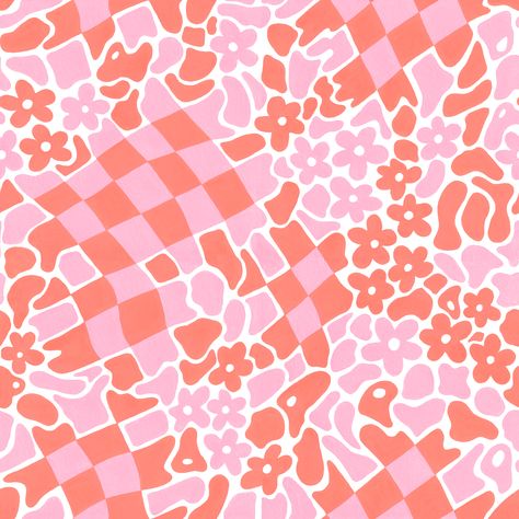 Retro Checkered, Abstract Floral in Coral and Pink , Raspberry Creek Fabrics Graphic Floral, Checker Pattern, Checkered Pattern Aesthetic, Spring Pattern, Fun Patterns, Trendy Patterns, Modern Floral Pattern, Y2k Pattern, Floral Patterns