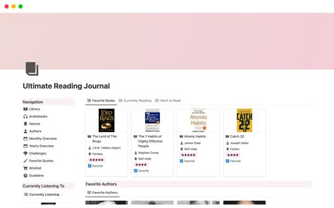 Ultimate Reading Journal Tracker | Notion Tem Reading Log Notion Template, Notion Reading Tracker, Notion Reading Template, Notion Book Tracker, Notion Template For Work, Reading Journal Template, Romanticing Life, Books Notes, Notion Ideas